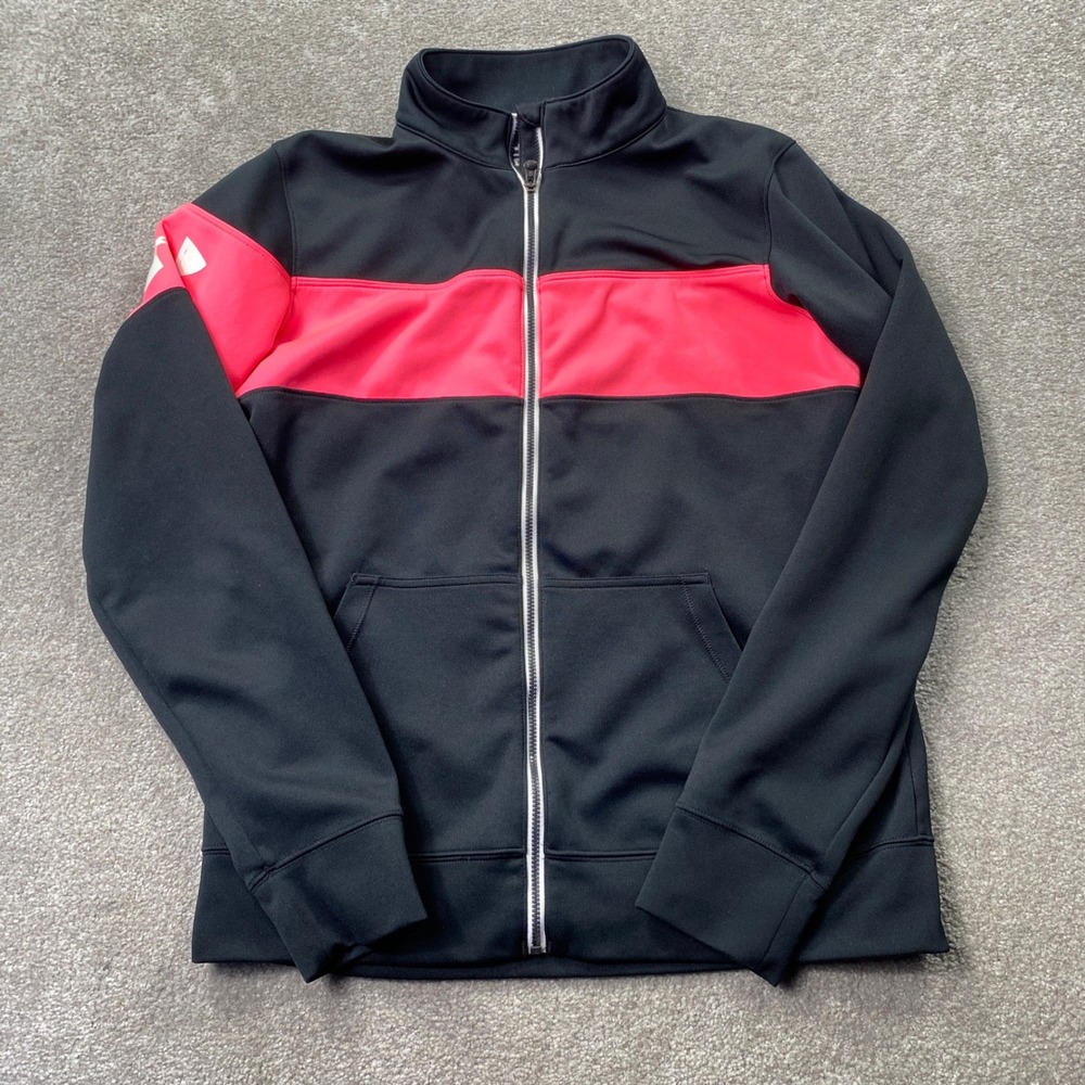 Under Armour Track Jacket Womens Medium Black Pink Colorblock Full Zip Athletic